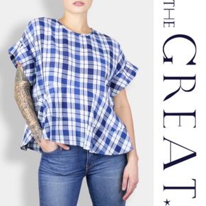 The Great. Twirl Peplum Blue Picnic Plaid Top